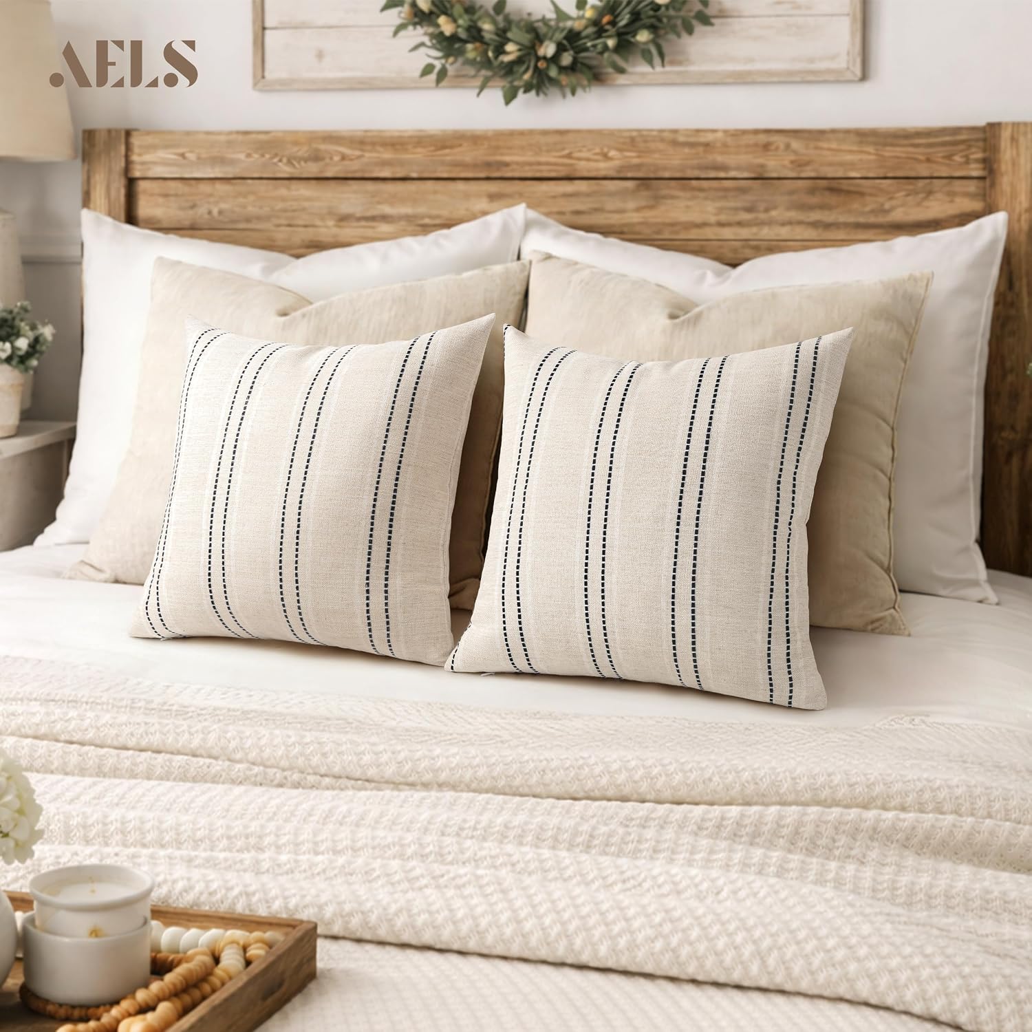Boho Textured Pillow Case / Beige with White & Black / 18 x 18 / Set of 2