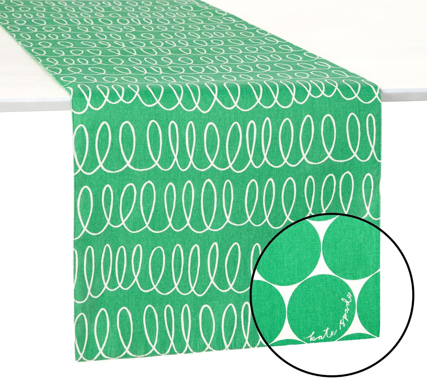 kate spade new york in The Loop & Joy Dot Reversible Table Runner, 100% Cotton, Machine Washable, Green/Cream, 15"x108"