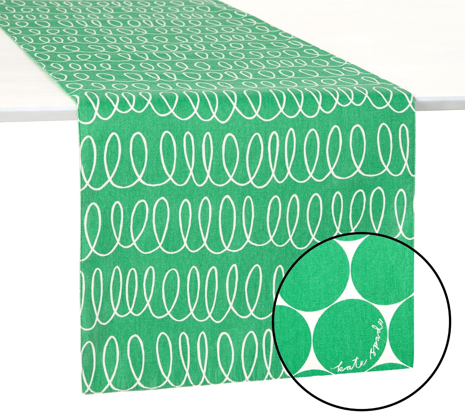 kate spade new york in The Loop & Joy Dot Reversible Table Runner, 100% Cotton, Machine Washable, Green/Cream, 15"x108"