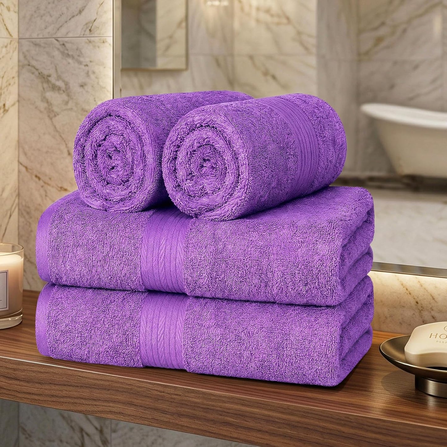 100% Cotton Hand Towels 18x28 Inches, 600 GSM, Soft & Absorbent, Set of 4, Purple