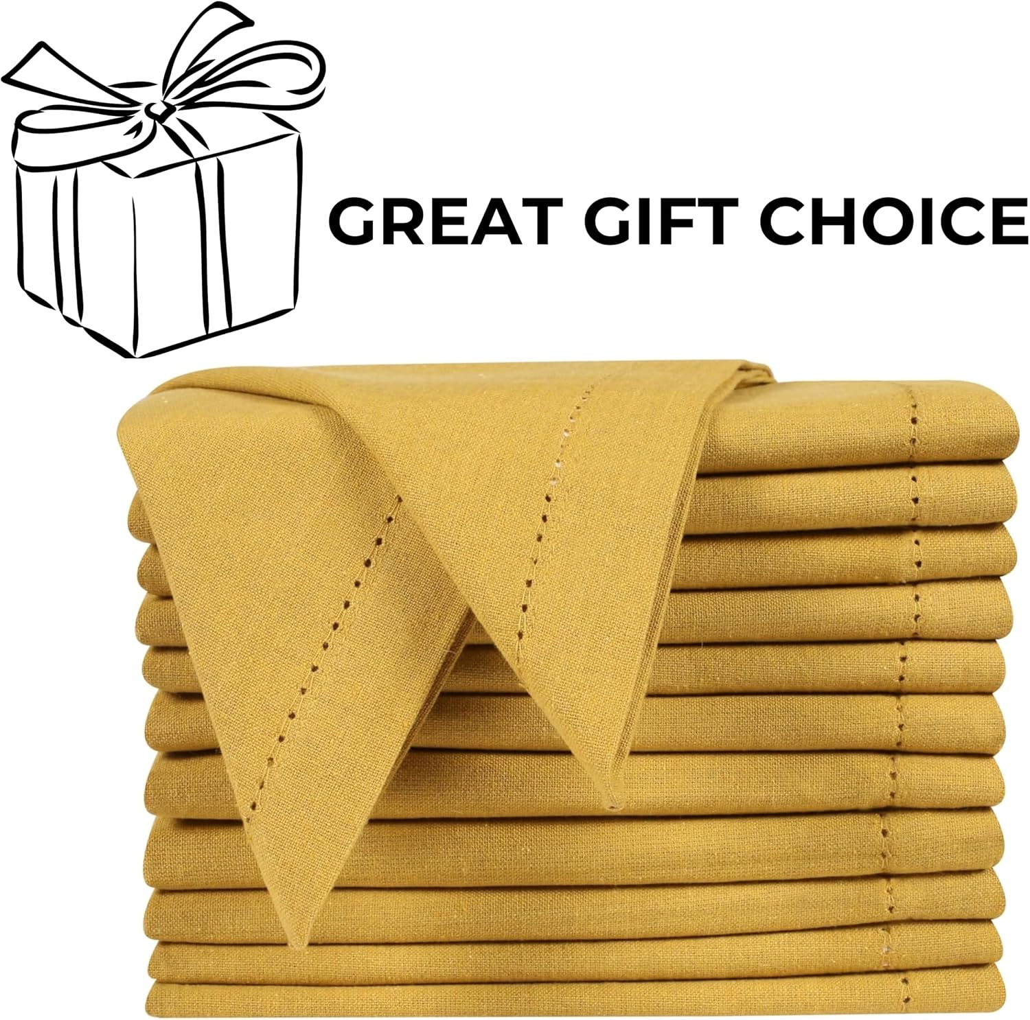 Bedding Craft Cotton Dinner Cloth Napkins Set of 12 – 18x18 Honey Yellow Hemstitched – Machine Washable Fabric Napkins