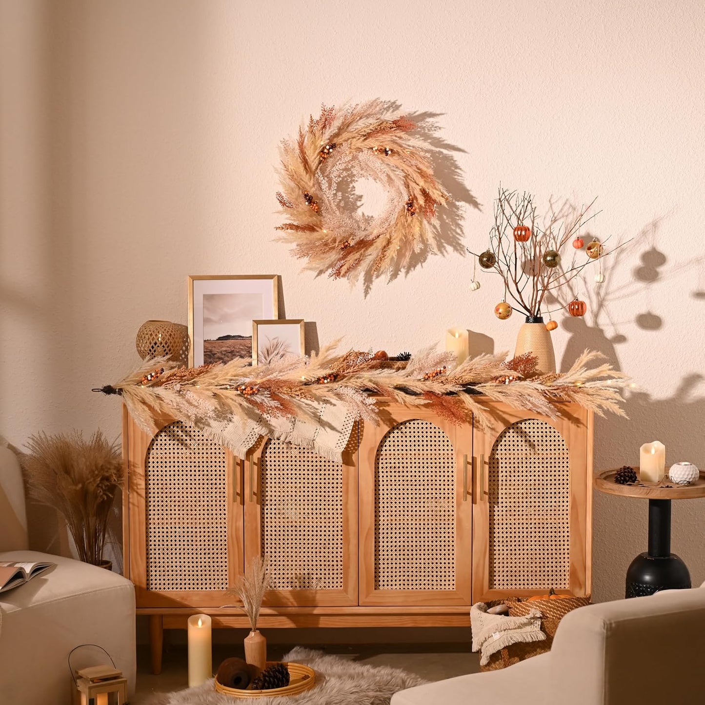 Pre-Lit Light Up Artificial Faux Pampas Grass Garland / Orange and Gold / 6 Inch