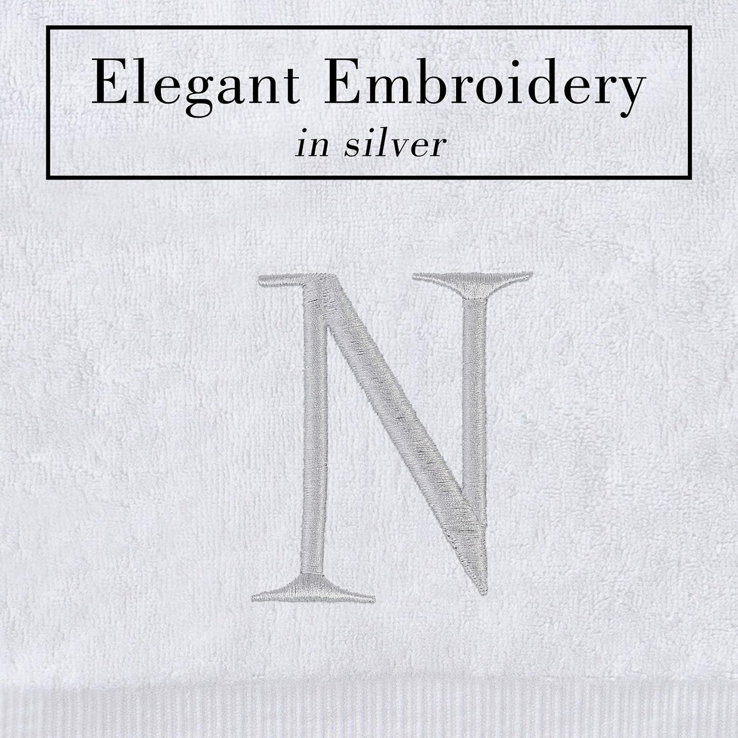 White with Silver Monogrammed Hand Towels for Bathroom - Set of 2 Letter N | Luxury Hotel Quality Initial Towels For