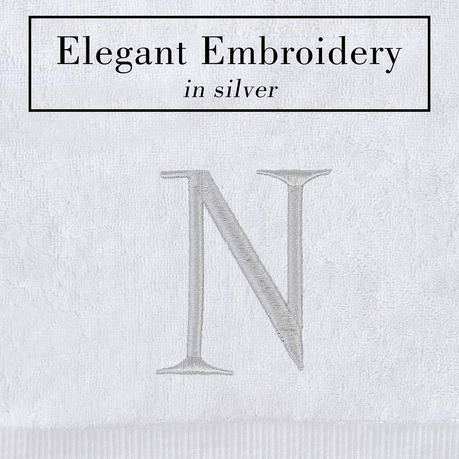 White with Silver Monogrammed Hand Towels for Bathroom - Set of 2 Letter N | Luxury Hotel Quality Initial Towels For