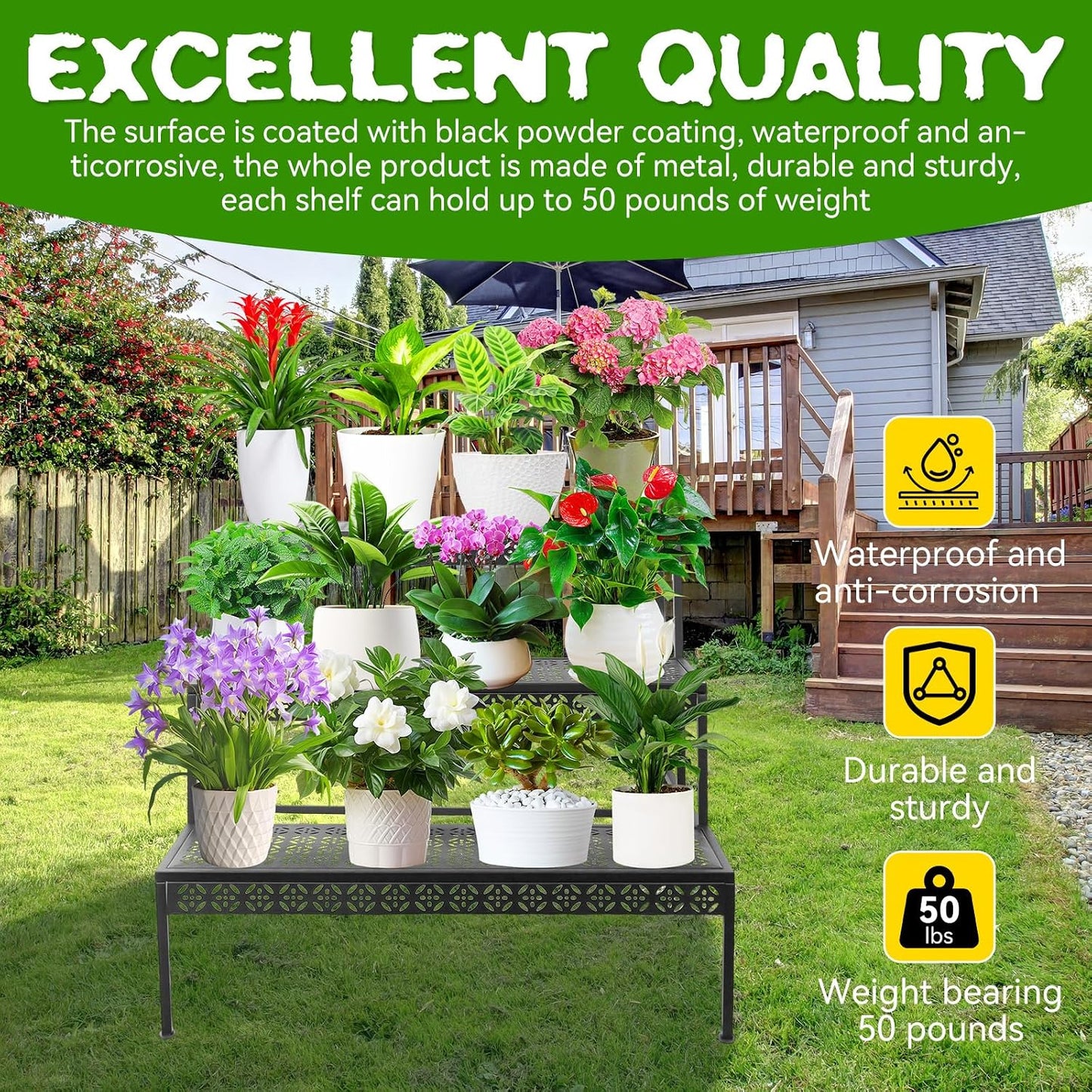 3 Tier Metal Plant Stand, Ladder Flower Pot Holder Plant Stands | Sturdy Tiered Plant Stand with Decorative Pattern
