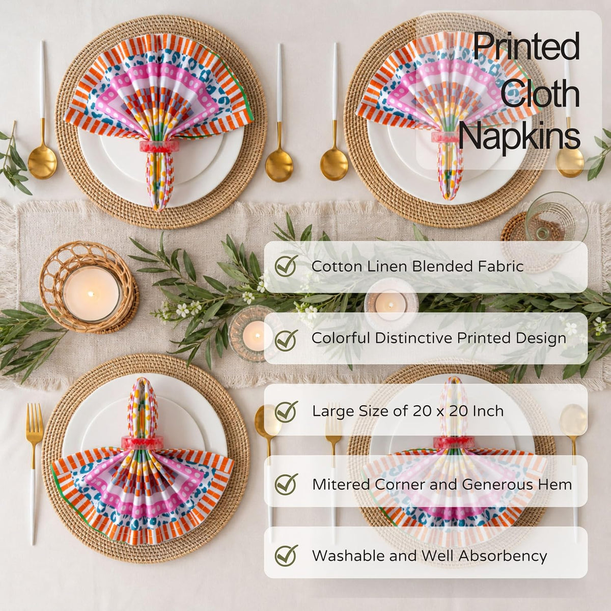 FINGERCRAFT Cloth Napkins Set of 12 Cotton Linen, 20x20 Inch, Boho Patch | Mitered corner, washable, soft, absorbent