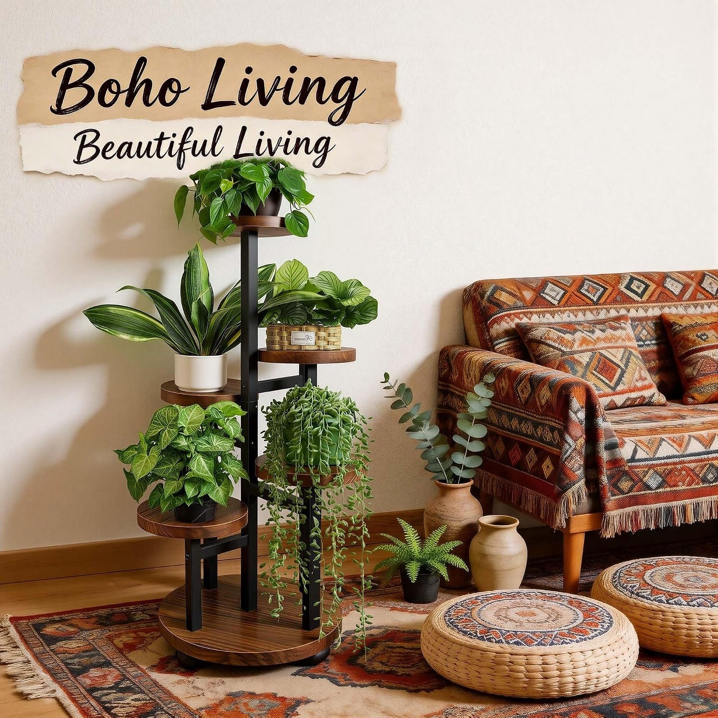 5 Tier Plant Stand With 4 Wheels | Metal Wood Tall Plant Stands For Indoor Plants Multiple, Corner Tiered Flower Plants