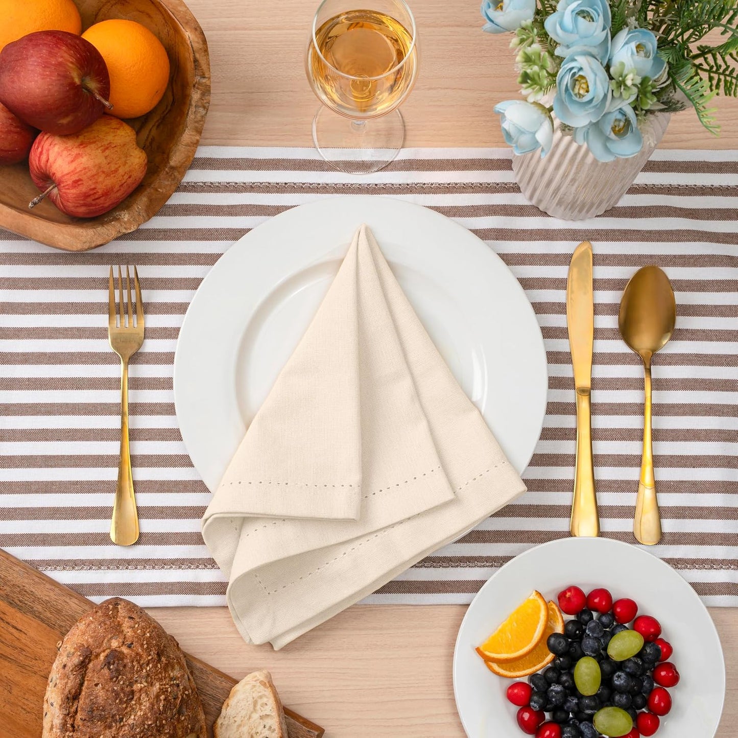 Blue Needles Set of 12 Hemstitch Linen Napkins 100% Cotton Cream Cloth Dinner Napkins 18x18 inches, Soft, Reusable