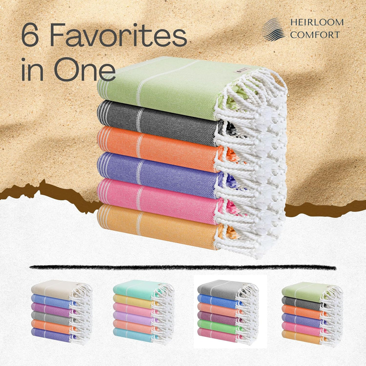Turkish Beach Towels Set of 6, 40x71 Inches, Oversized, 100% Cotton, Lightweight, Sand Free, Quick Dry, Absorbent