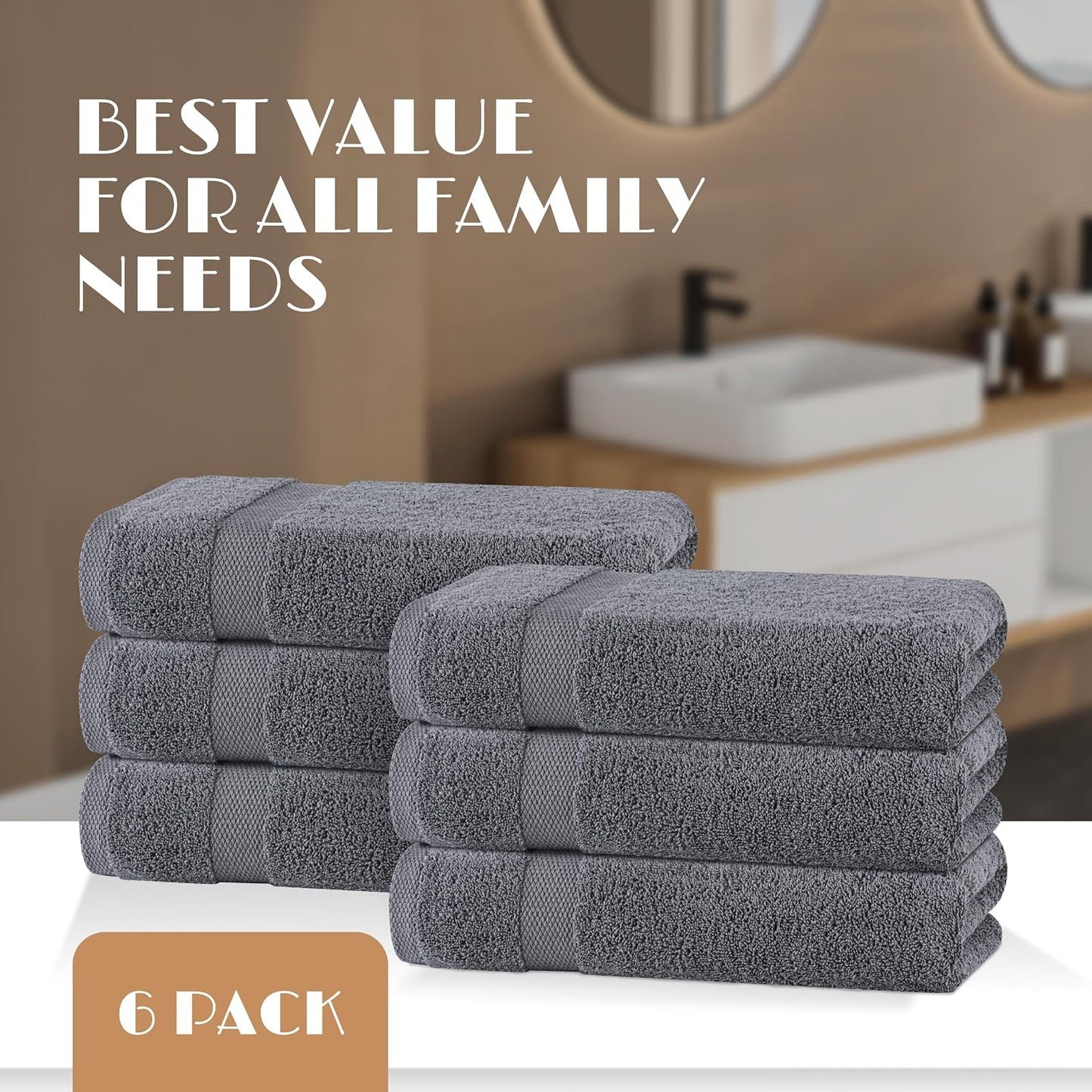 White Classic Wealuxe Grey Towels for Bathroom 6 Pack, Cotton Bath Towel Set for Hotel, Gym, Spa, Soft Extra Absorbent