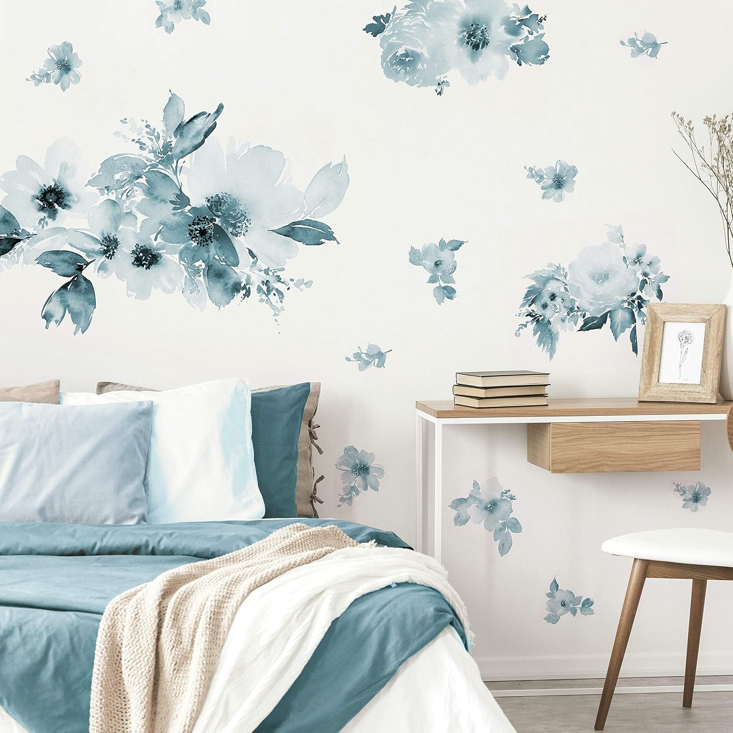RMK4708GM Watercolor Floral Peel and Stick Wall Decals / Blue