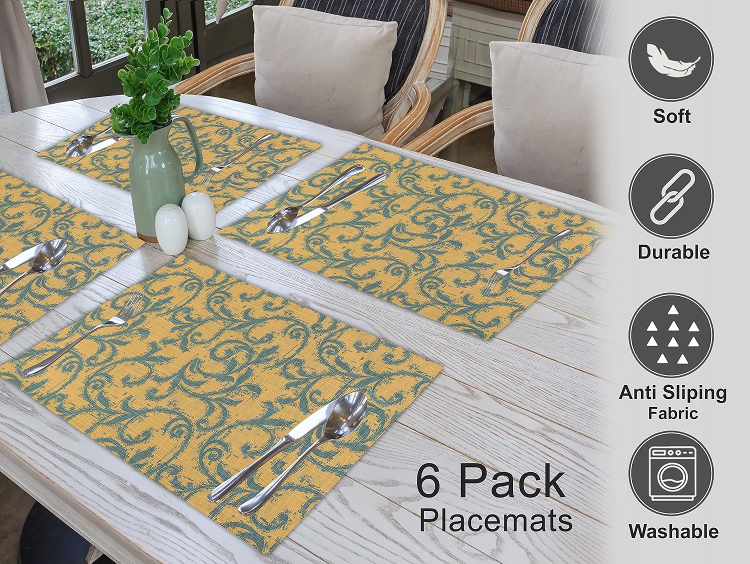Ruvanti Placemats Set of 6, 100% Cotton Place Mats of 13"x19", Vine Spirals | Heat, Stain resistant, Washable