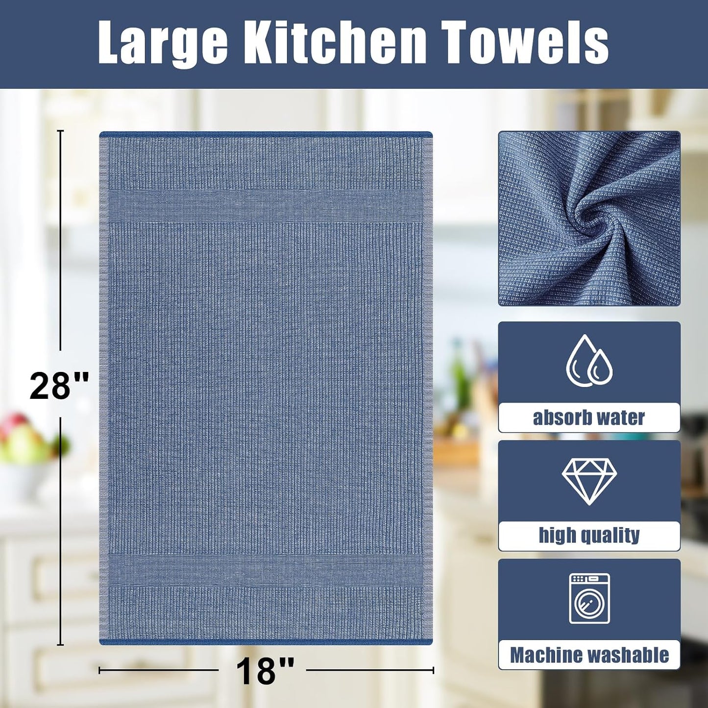 Homaxy 380 GSM Cotton Premium Kitchen Towels 8 Pack, 18"x 28", Navy Blue | Flat and Terry Dish Towels, Highly Absorbent