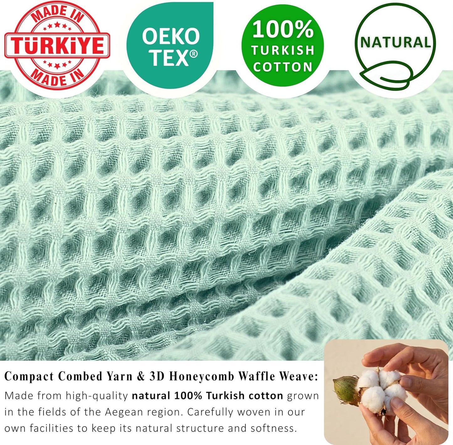 PÜSKÜL Natural 100% Turkish Cotton Waffle Bath Towels Set of 2, Extra-Large | Ice Green, Oversize 32x63" Bath sheet