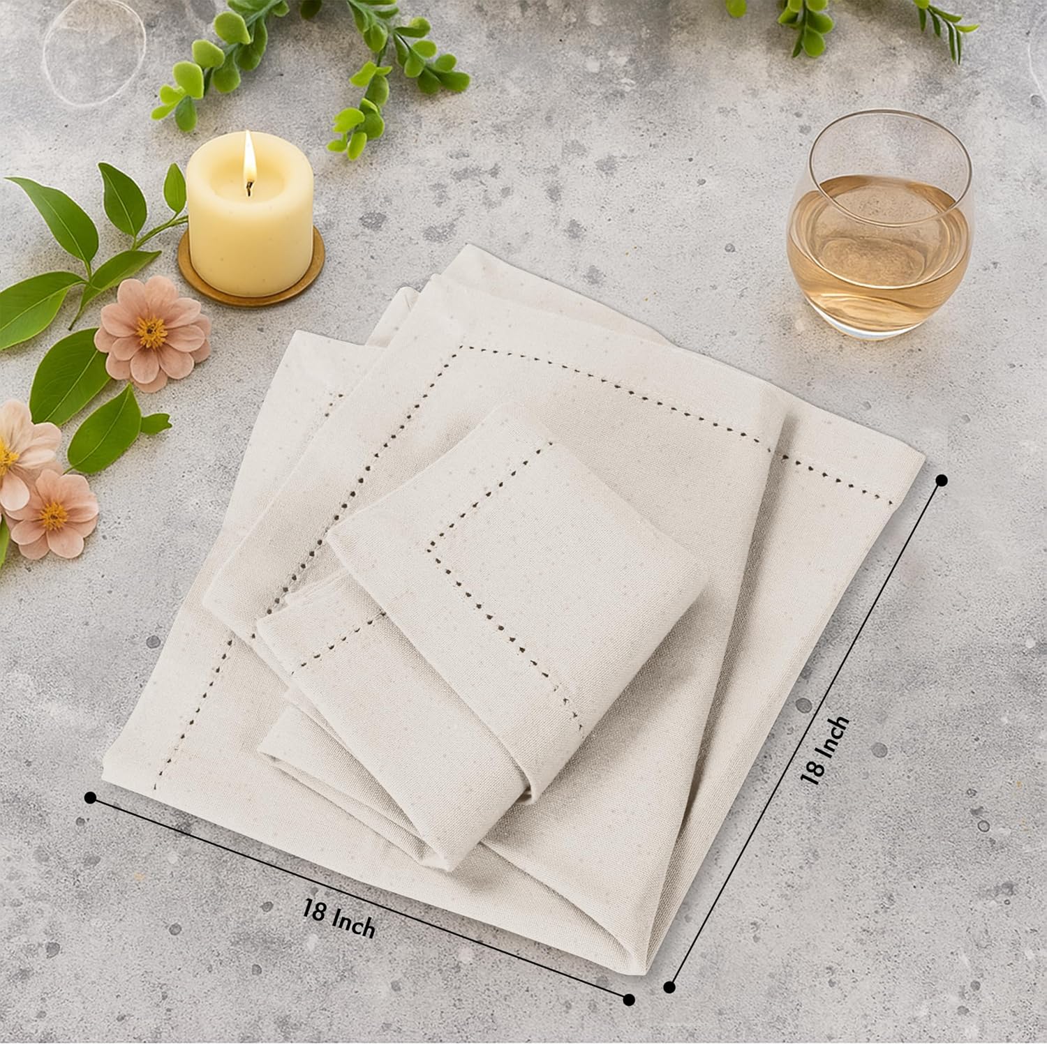 Ruvanti Cloth Napkins 12 Pack, 100% Cotton High GSM 18" x18”– Natural Color | Hem Stitch Washable, Soft, High Absorbent