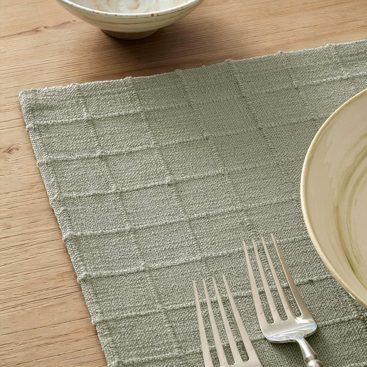 Artisanal Grid Decorative Linen Placemats Set of 6, Seeding Green | Thick Heavy Textured Washed Linen Place Mats