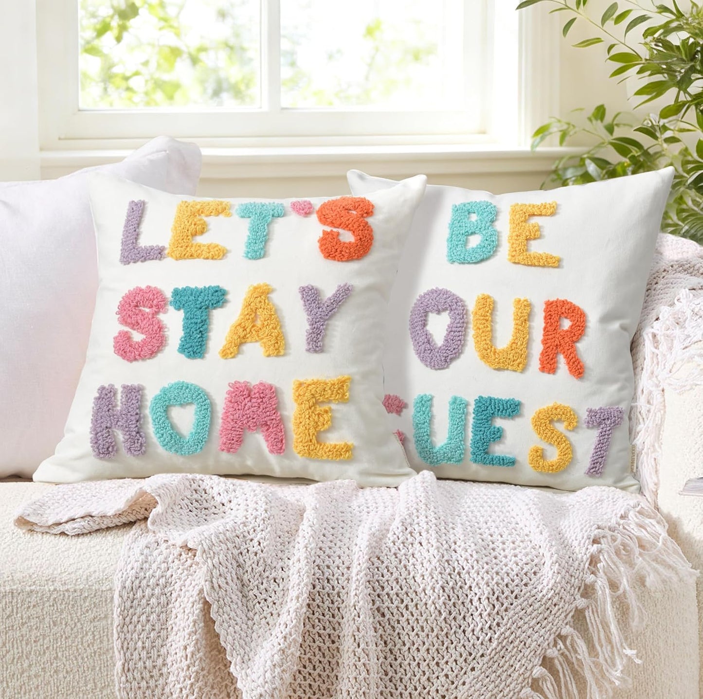 Boho Pillow Covers Decorative Words Tufted Throw Pillow Covers Farmhouse / Be Our Guest / 18 x 18