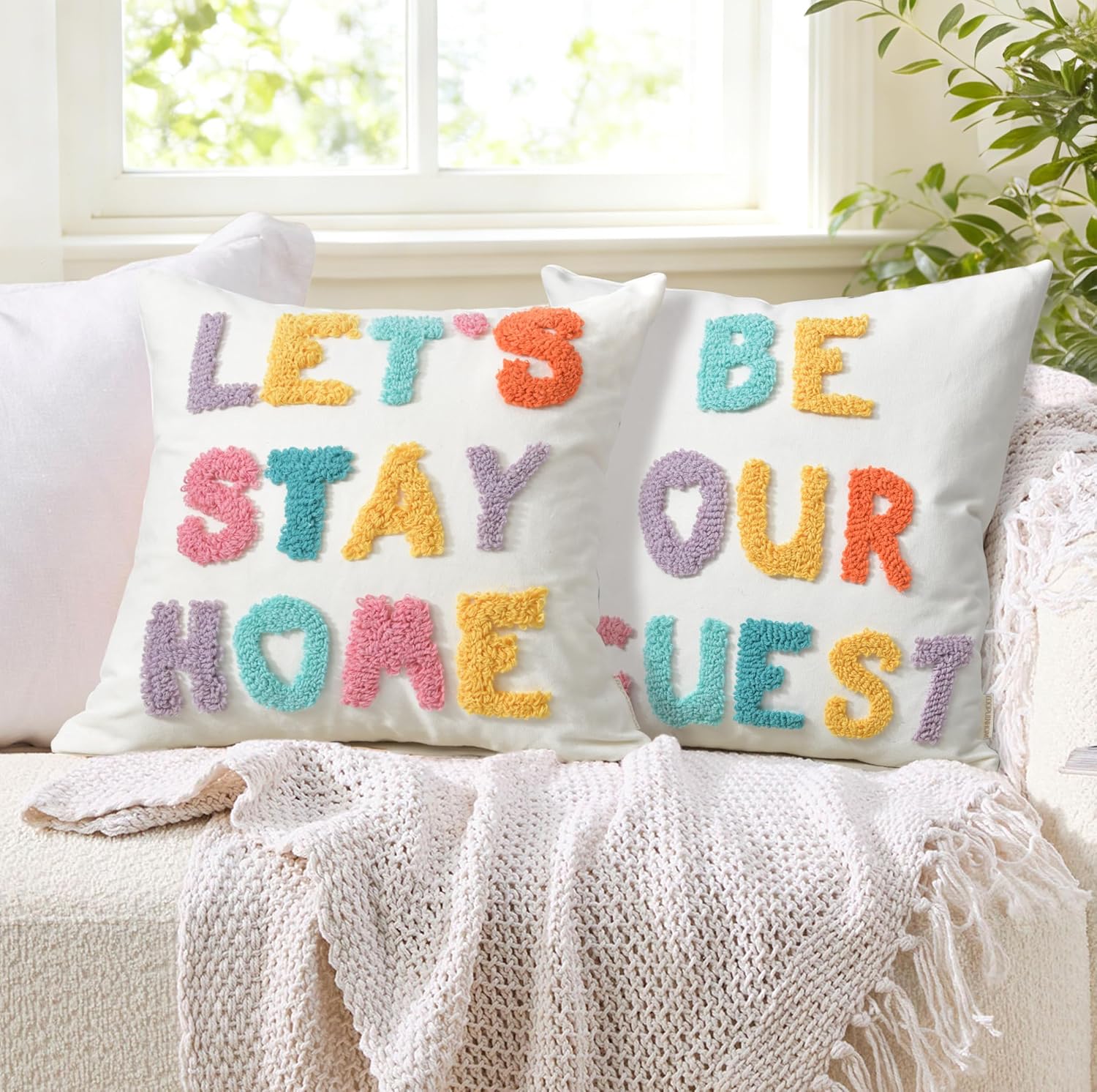 Boho Pillow Covers Decorative Words Tufted Throw Pillow Covers Farmhouse / Be Our Guest / 18 x 18