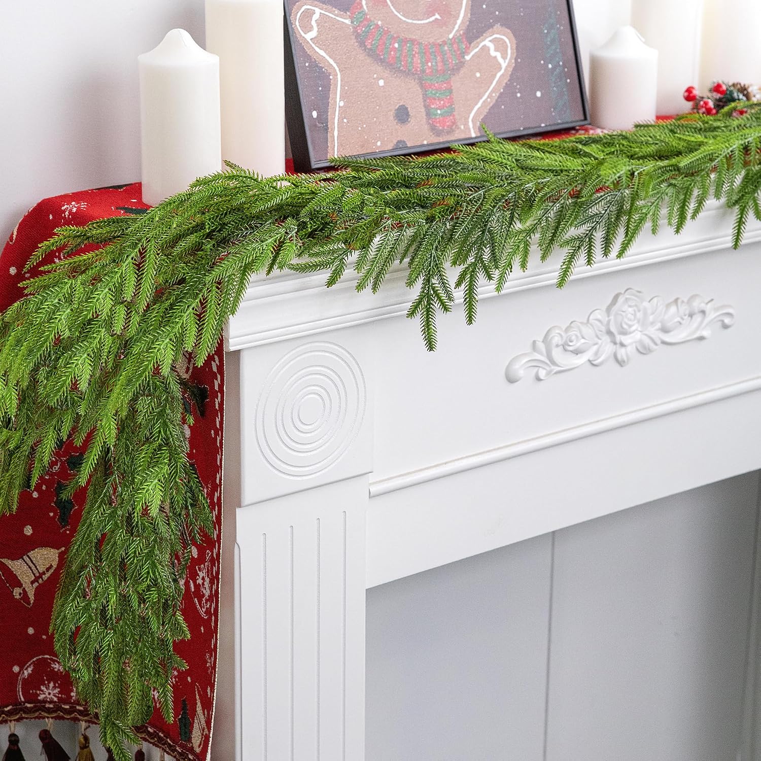 Watayo 2 Pcs Christmas Norfolk Pine Garland, 6 Ft Dense Real Touch Pine Garland Ornament, Realistic Artificial Pines