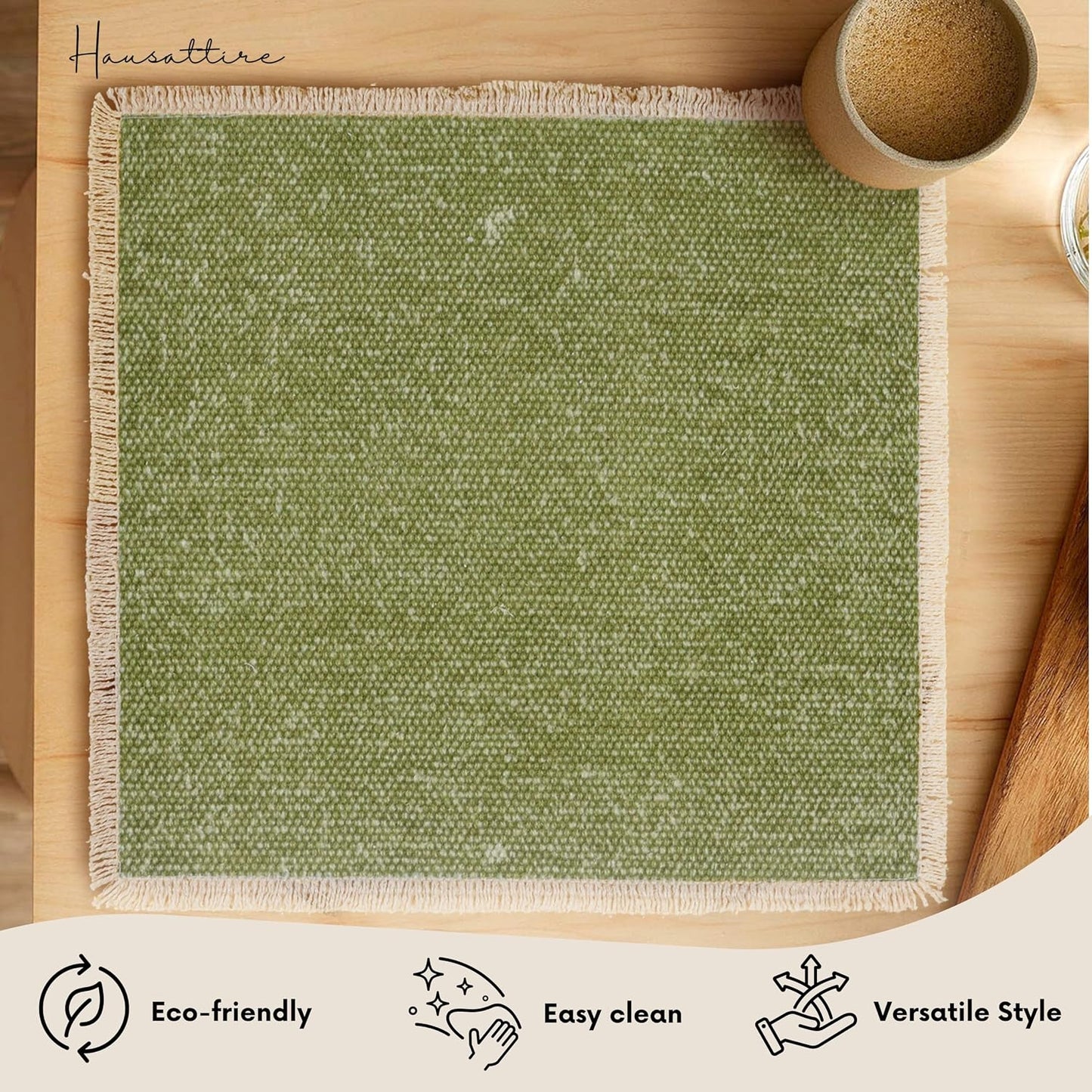 Hausattire Cotton Frayed Placemats Set of 6 Dining Table 14x14 Inch | Rustic Vintage Boho Washable Easter Placemat for