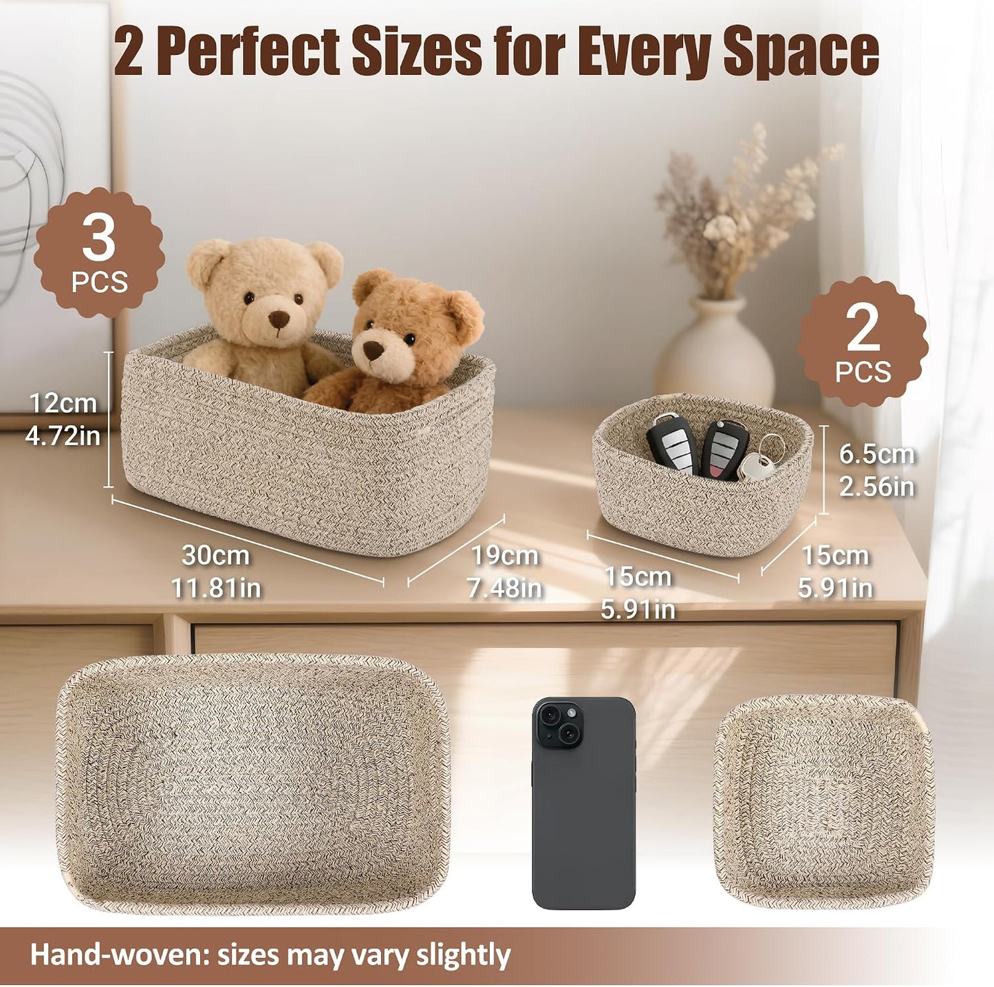 Small Woven Rope Storage Baskets / Natural / 11.81*7.48*4.72'' & 5.91*5.91*2.56 / Set of 5