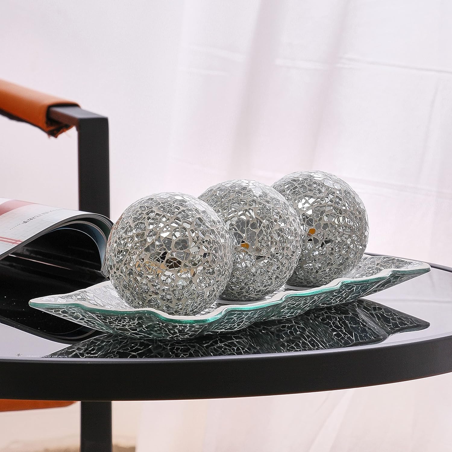 12.4" Mosaic Glass Decorative Tray Dish Plate / Silver / Set of 3