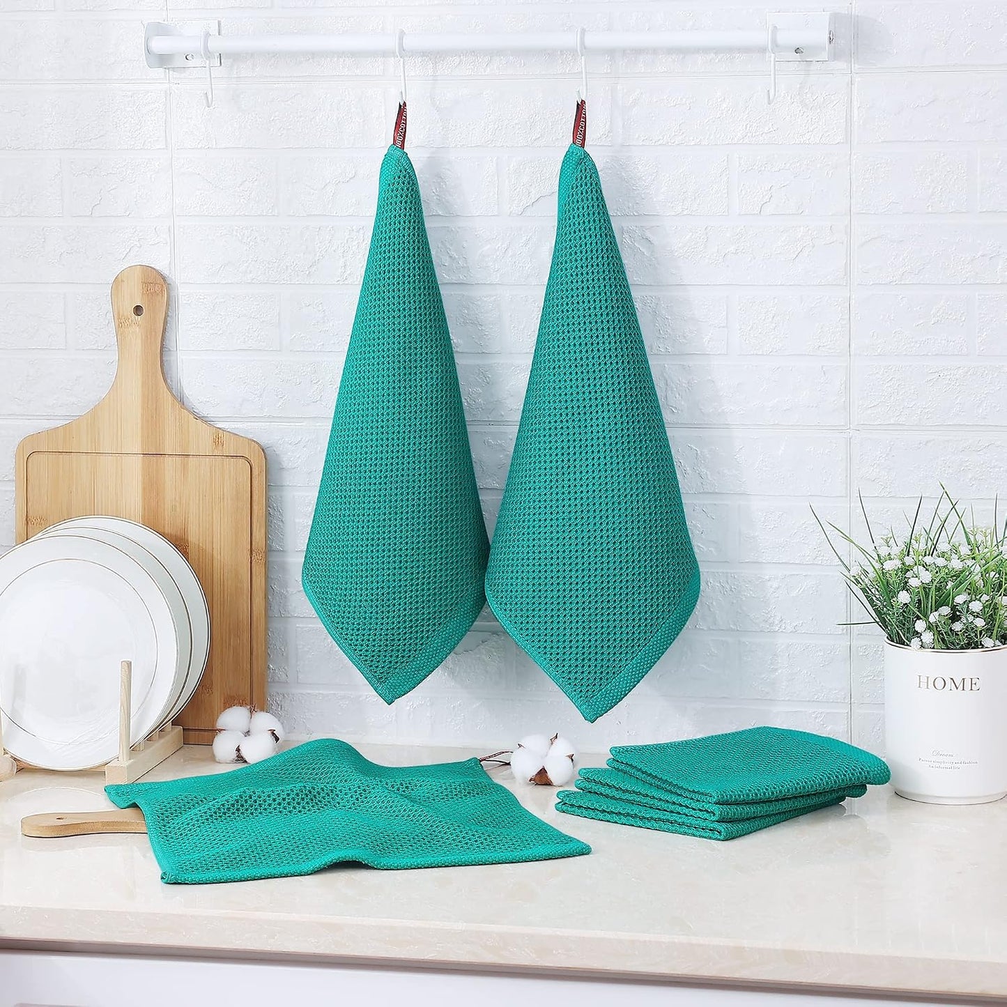 Kitinjoy 100% Cotton Waffle 12-Pack Kitchen Towels, 12" x 12", Teal | Ultra Absorbent, Super Soft, lightweight, Quick