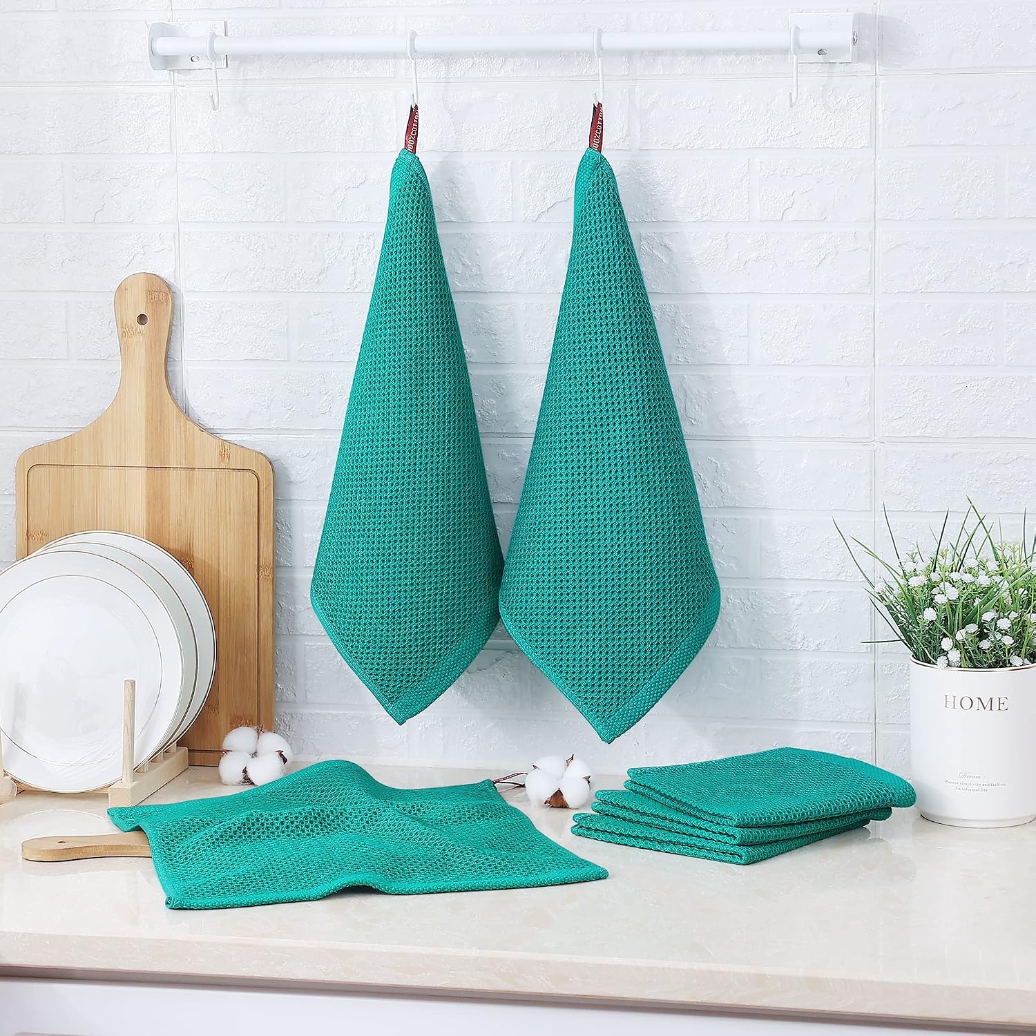 Kitinjoy 100% Cotton Waffle 12-Pack Kitchen Towels, 12" x 12", Teal | Ultra Absorbent, Super Soft, lightweight, Quick