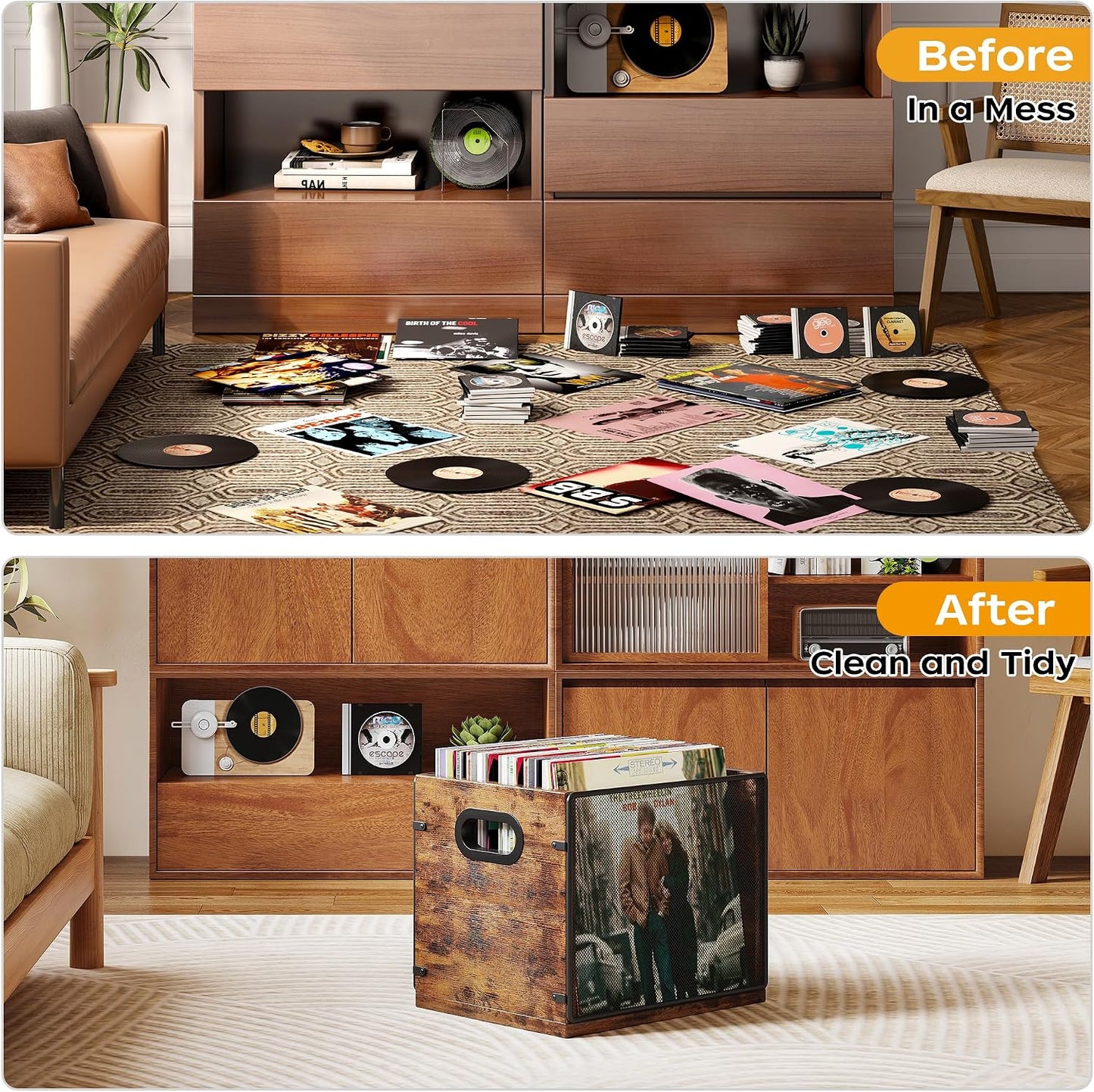 Homeiju Wooden & Metal Record Crate - Vinyl Album Holder & Organizer, Holds Up to 60 Records