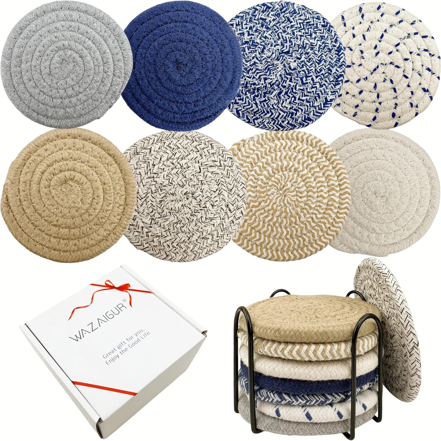 Holder / Handmade Woven Cotton Coasters / Colors 8 / 4.3 Inch / Set of 8