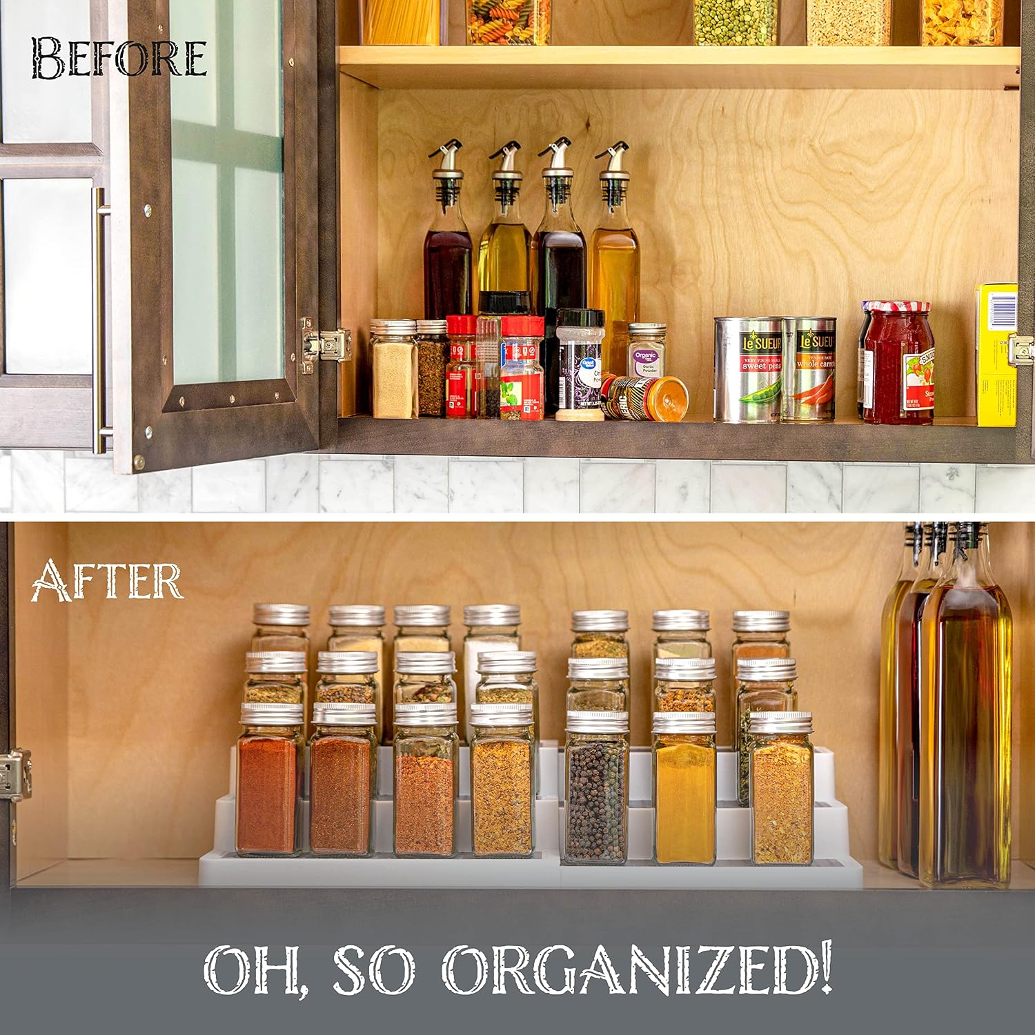 Oizeir Plastic 3-Tier Expandable Spice Rack, Adjustable Length, Stability with Non-Skid Shelf, For Easy Visibility