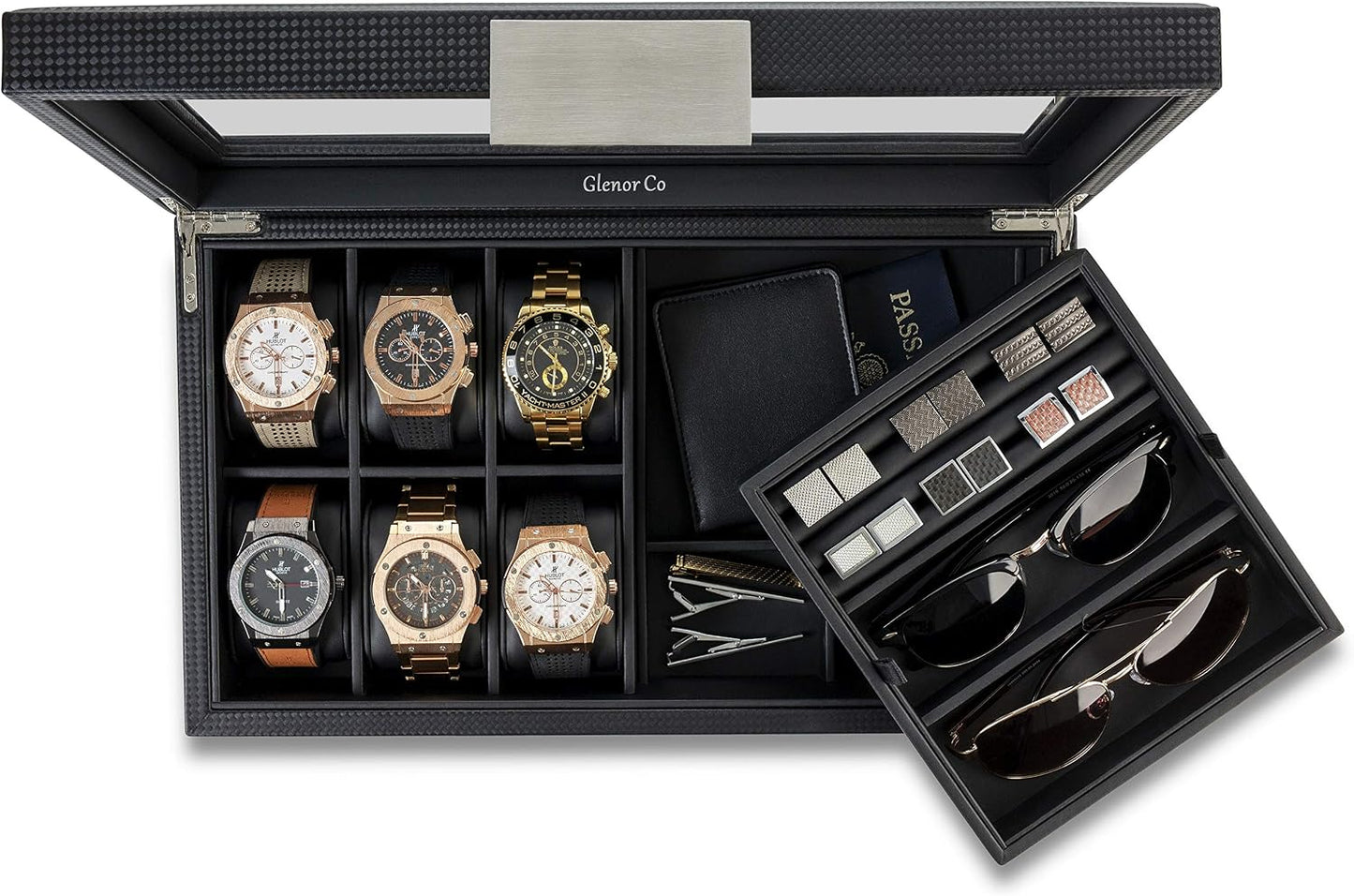 Glenor Co Valet Jewelry Box for Men - Holds 6 Watches, 12 cufflinks, 2 Sunglasses & Tray Storage - Mens Watch Case