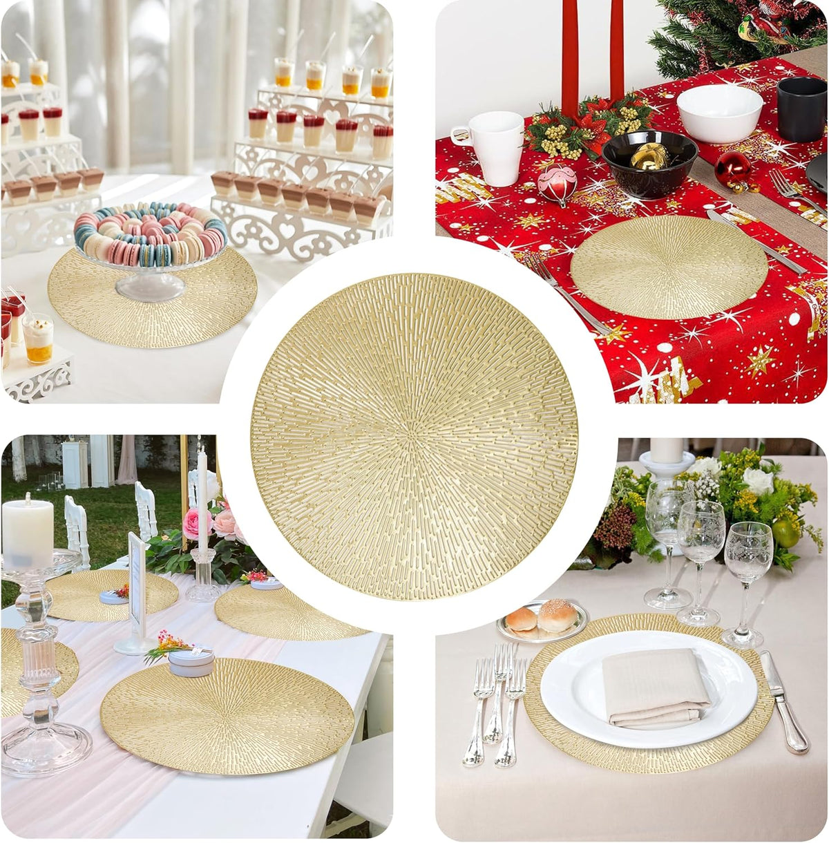 Snowkingdom Gold Placemats Round Set of 8, Gold Metallic Hollow Vinyl 15 Inch Round Placemat, Washable Wipeable Easy