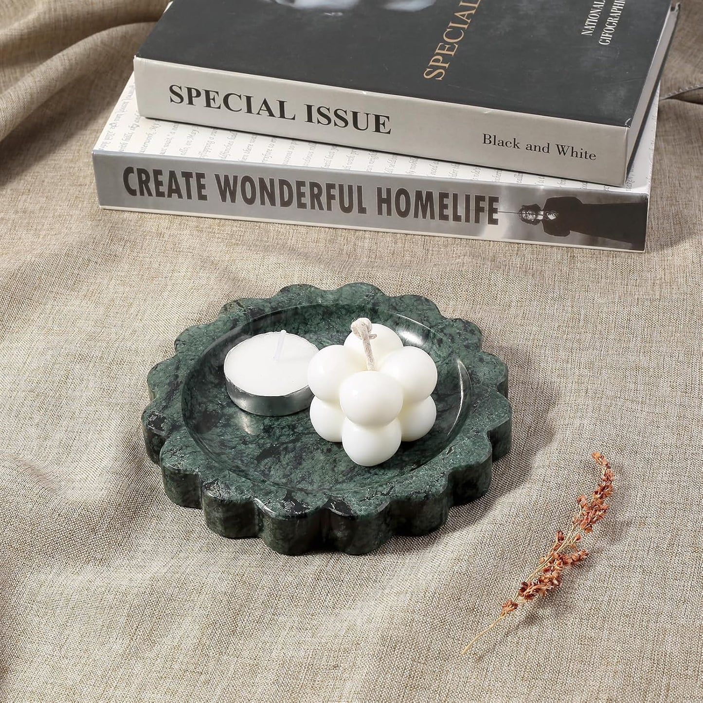 5.51" Scalloped Marble Tray / Sage Green / D=5.51