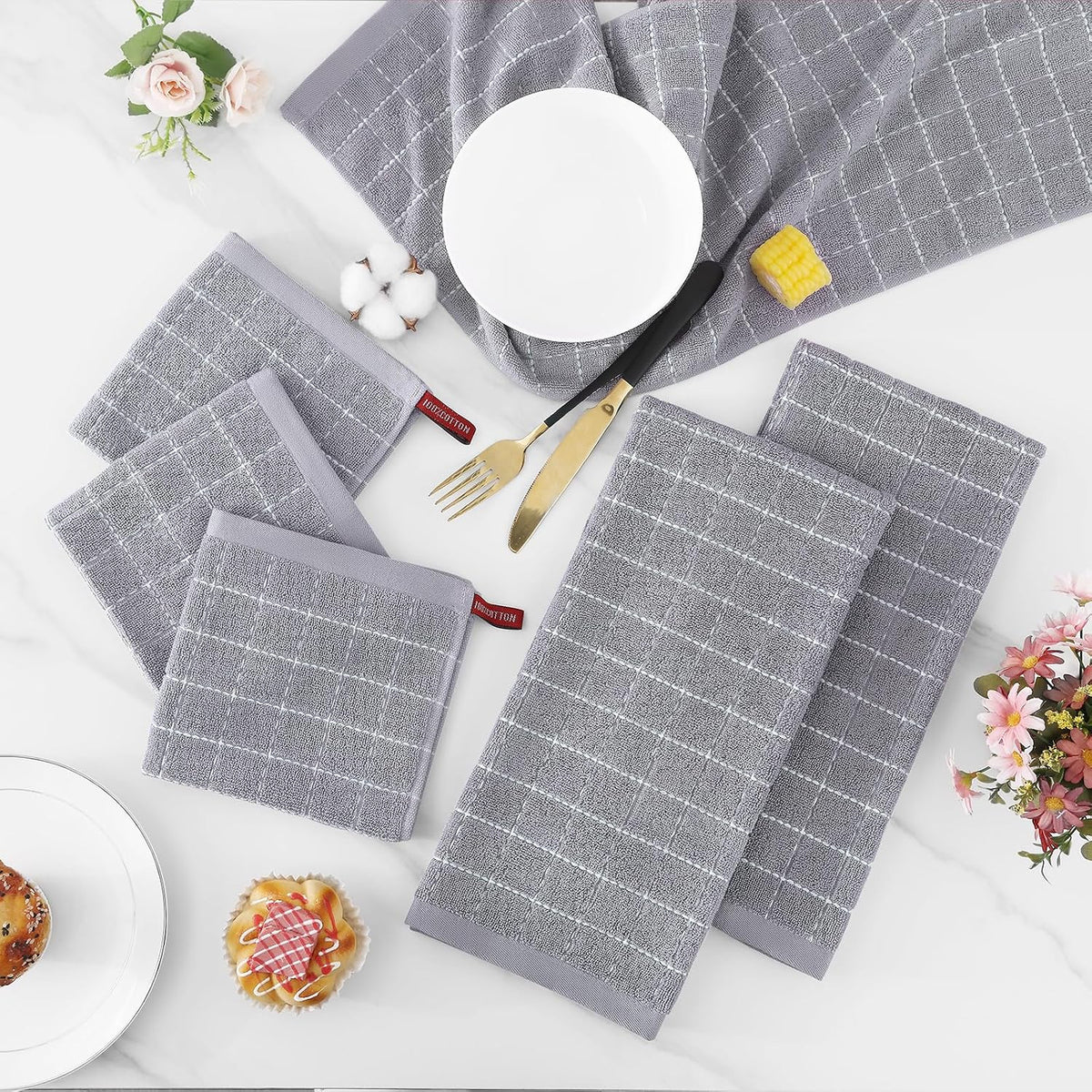 Homaxy Kitchen Towels and Dishcloths Set, Set of 16, Light Grey | Bulk Cotton Terry Kitchen Towels, Checkered Designed