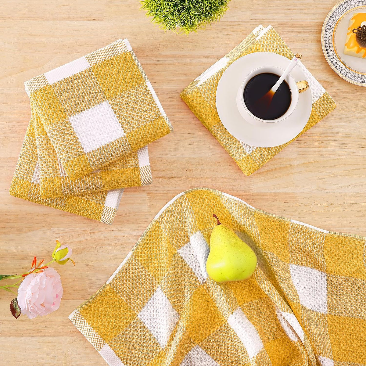 Homaxy Kitchen Towels and Dishcloths Set, Set of 12, White & Golden Yellow | Bulk Cotton Waffle Weave Check Plaid
