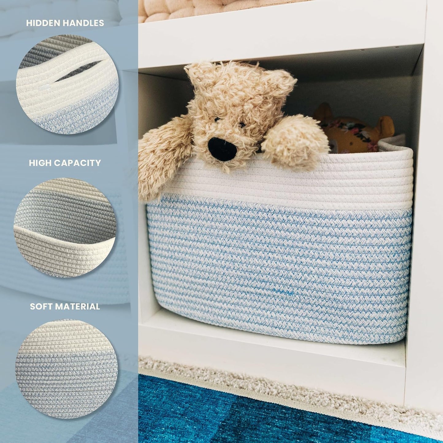 Blue Cotton Rope Baskets / Blue / Off-white / 15 x 10 x 9 / Set of 3