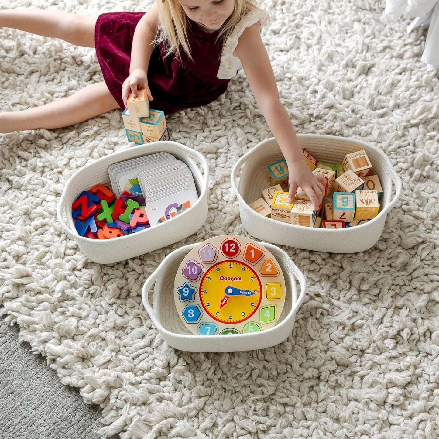 5-Piece Rectangle Storage Basket Set- Natural Cotton Rope Woven for Organizing! Small / Off White