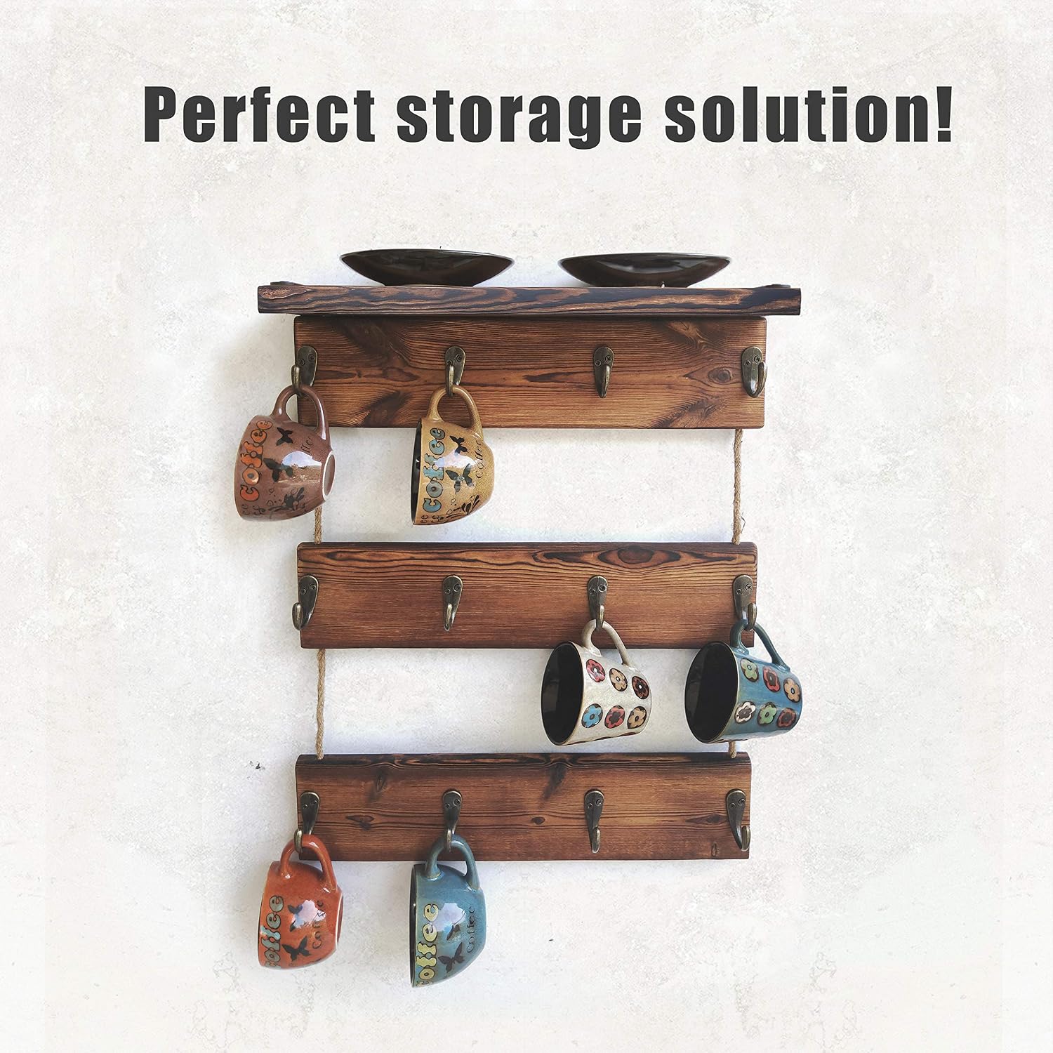 12 Hooks Coffee Cup Holder Solid Wood Mug Rack with Shelf Coffee Bar Mug Display Rustic Kitchen Storage Rack for