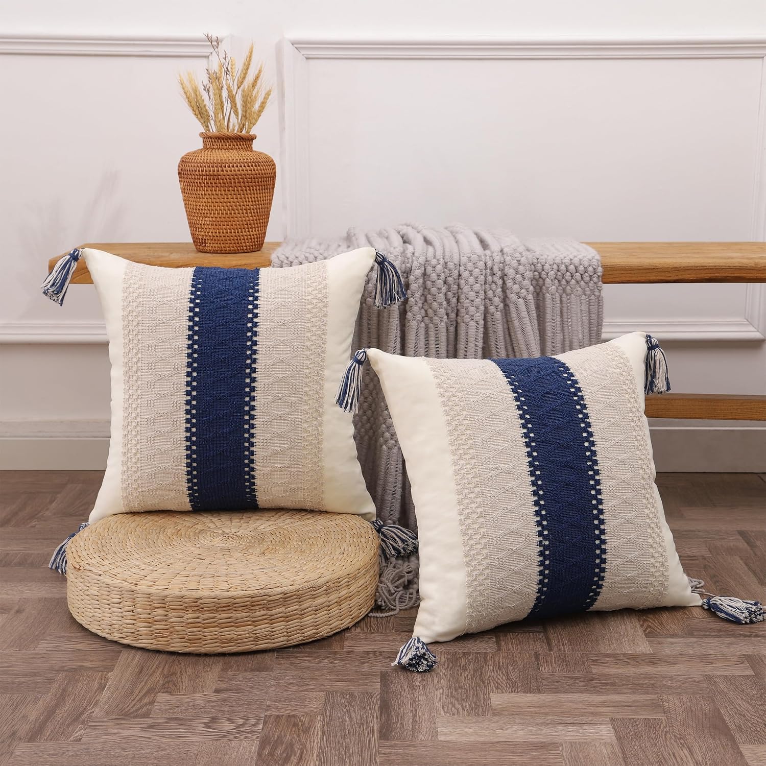 Tassels Boho Throw Pillow Covers Neutral Coastal / Navy Blue Single Stripe / 18 x 18 / Set of 2