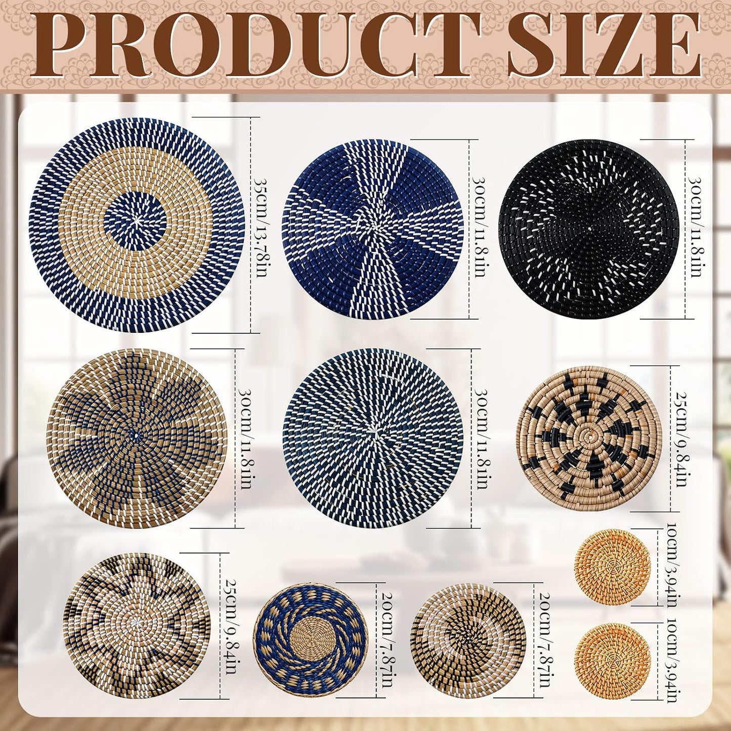 Boho Wall Basket Decor Bulrush Woven Wall Hanging Art Round Farmhouse Rustic / Blue / Set of 11