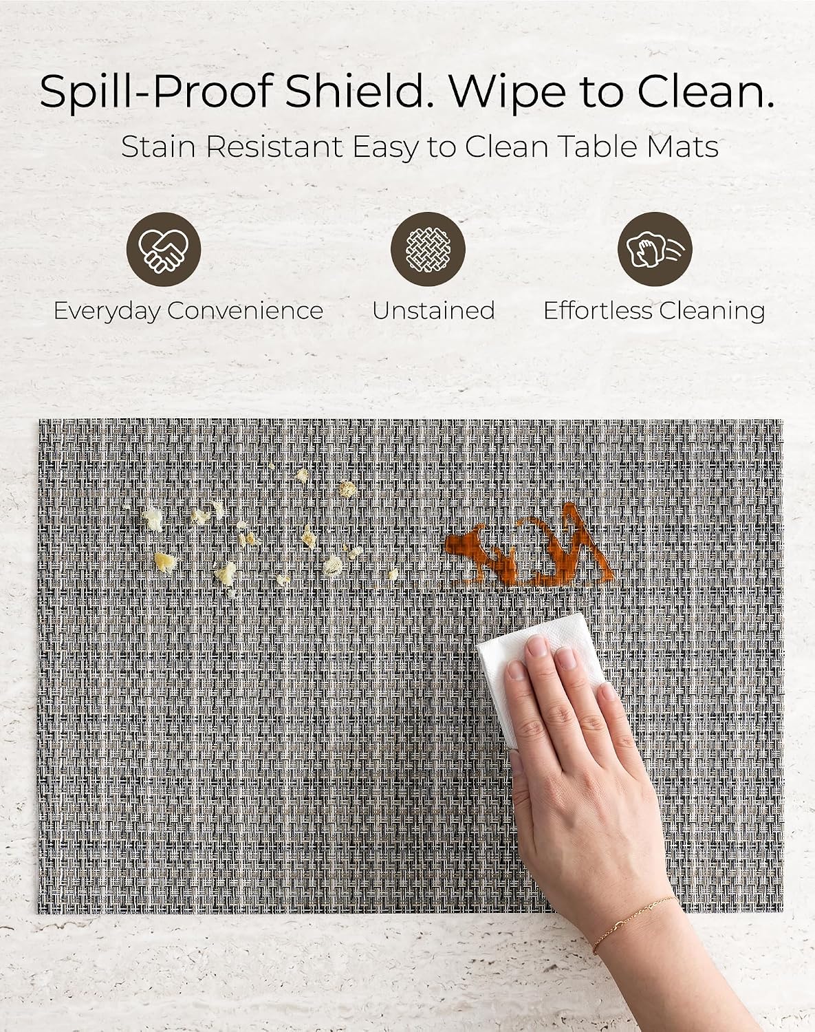 Leetaltree Woven Vinyl Placemats Set of 8, Beige Gray | High Density, Basketweave Woven, Stain Resistant, Easy to