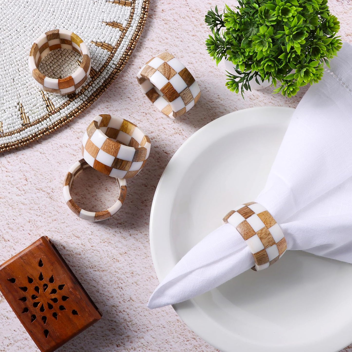 Alpha Living Home Epoxy Wood Napkin Rings, Set of 12, Brown Cream | Handcrafted epoxy resin & natural wood, 2 x 2 x