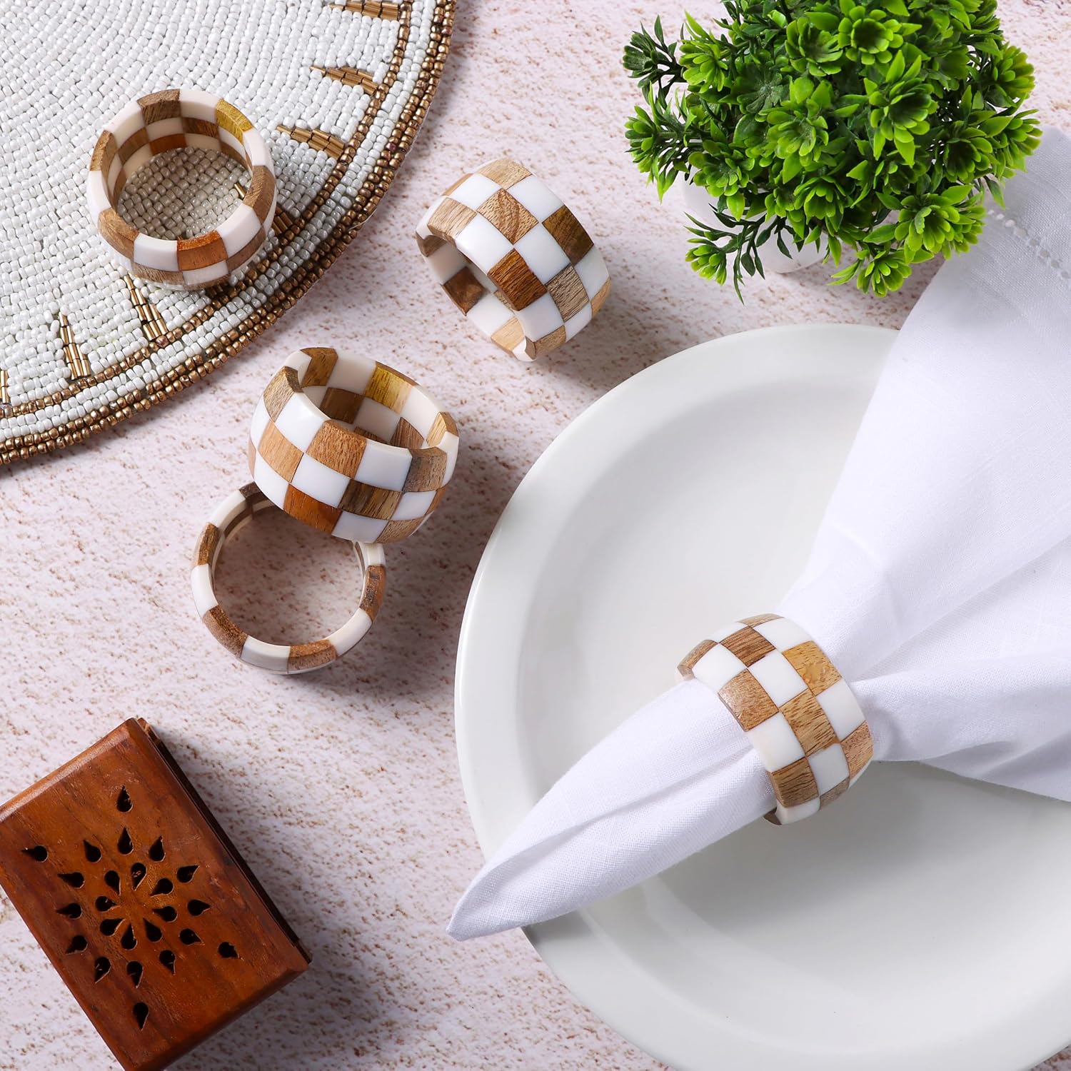 Alpha Living Home Epoxy Wood Napkin Rings, Set of 12, Brown Cream | Handcrafted epoxy resin & natural wood, 2 x 2 x