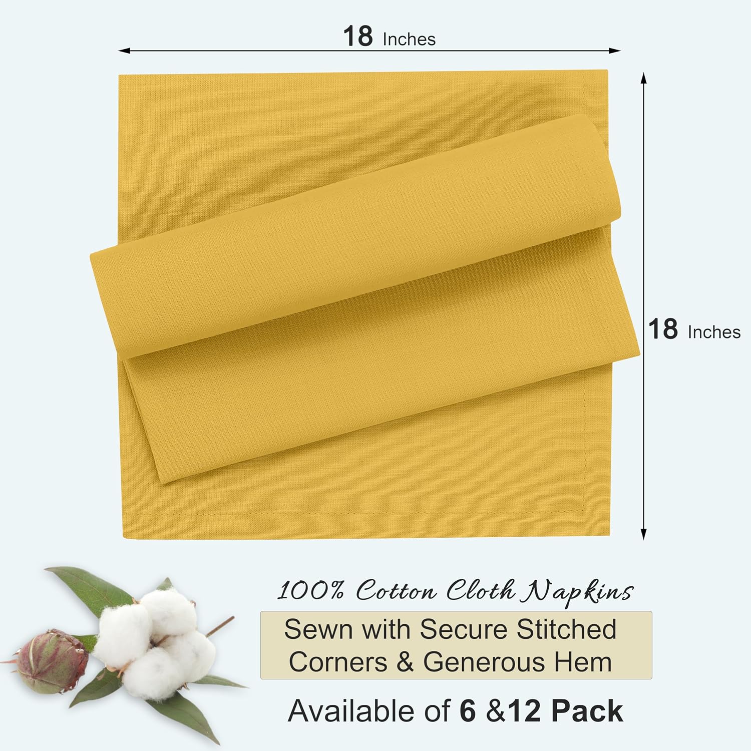 Ruvanti Cloth Napkins Set of 12, 100% Cotton 18”x18” - Spicy Mustard | Washable, Soft, Durable & Absorbent Everyday