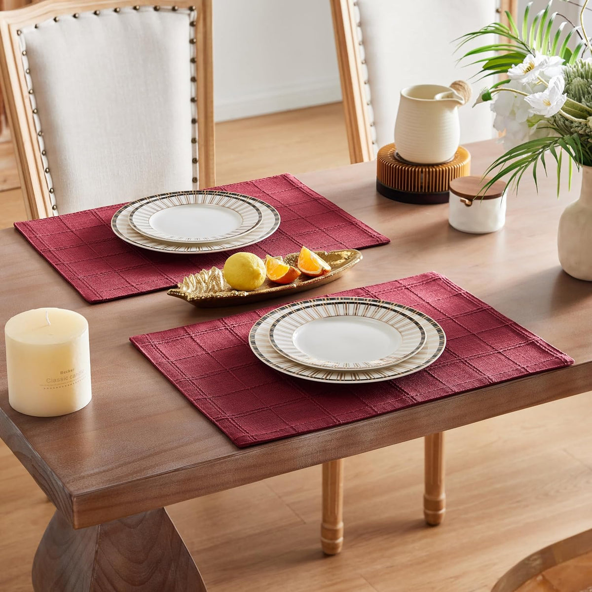 Linen Checked Farmhouse Placemats Set of 6, Burgundy 13x19in | Double Layer, Reversible, Thick Textured Table Mats