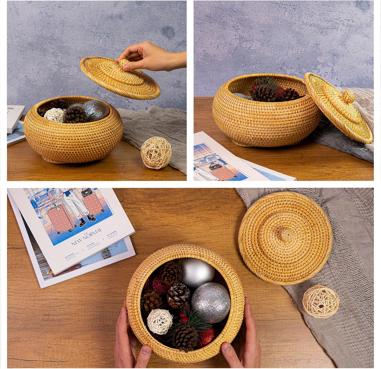 Hand-Woven Round Rattan Storage Basket / 8.6 x 5.1