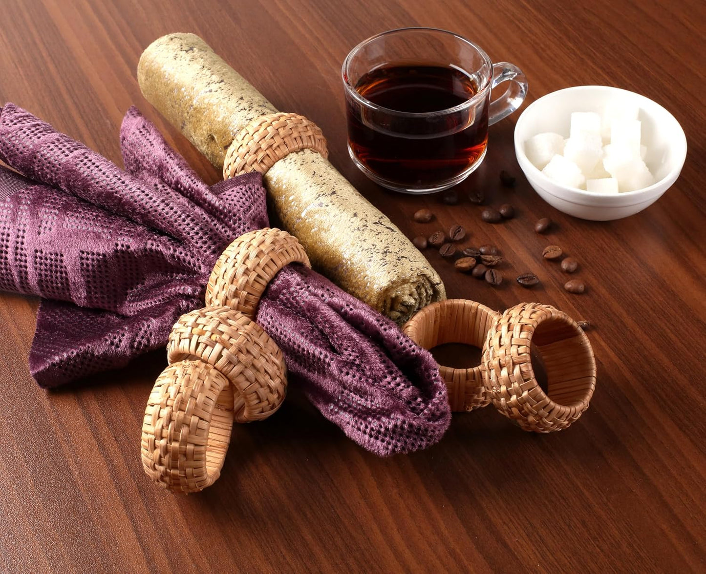 Woven Jute Napkin Rings, Set of 12, Natural Rattan | Handmade rattan, plastic base, 2.5x2.5x1 in each, set of 12