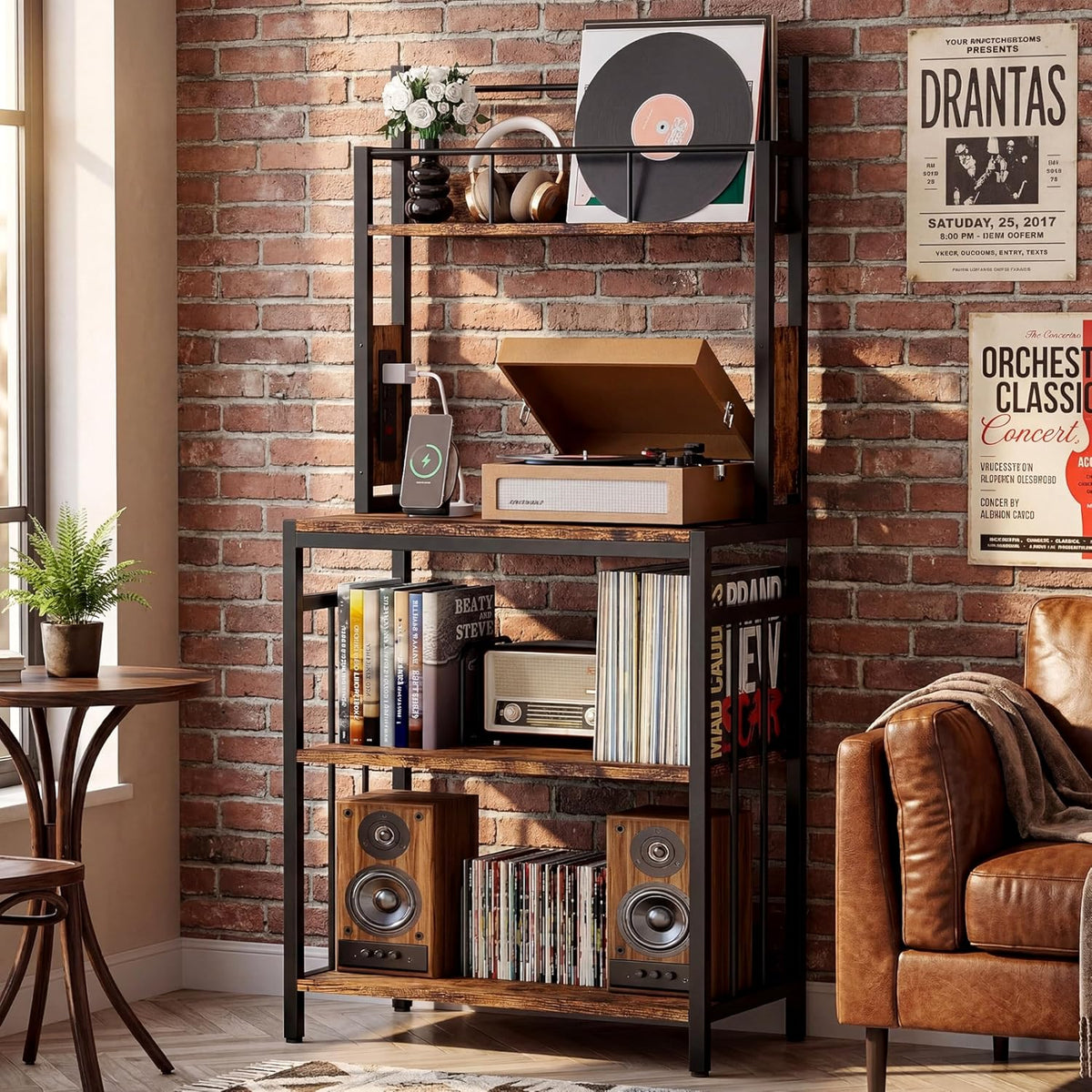 IRONCK Record Player Stand with Storage, Turntable Stand for Living Room | 2-Tier Vinyl Record Shelf with Charge