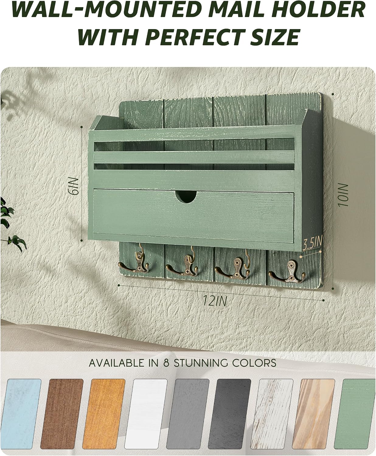 Pine Wood Mail and Key Organizer / Green